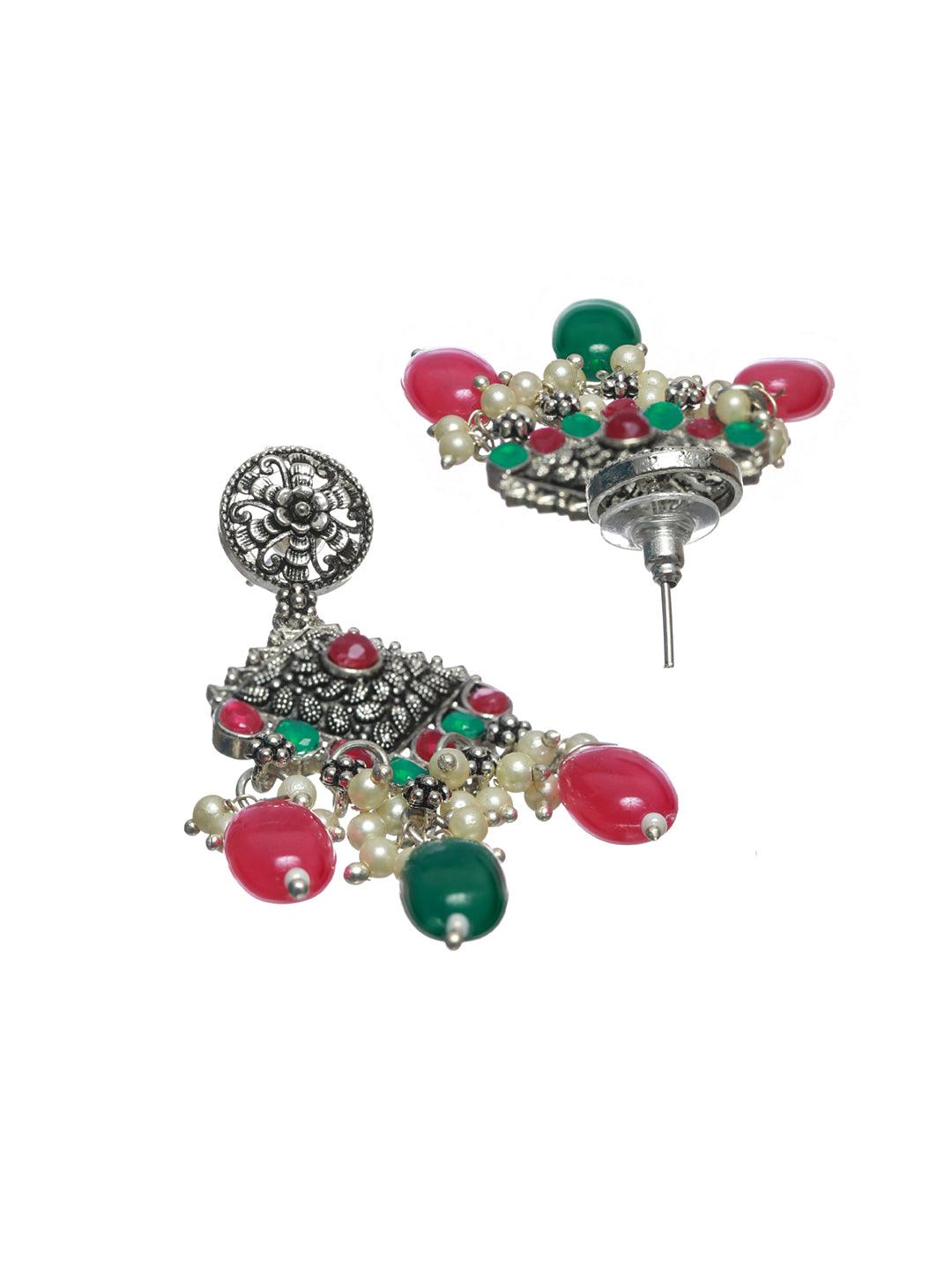 Women's Oxidised Silver Multicolor Peacock Jewellery Set - Priyaasi - Indiakreations
