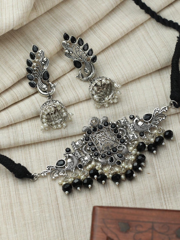 Women's Oxidised Silver Studded Peacock Pearl Jewellery Set - Priyaasi - Indiakreations