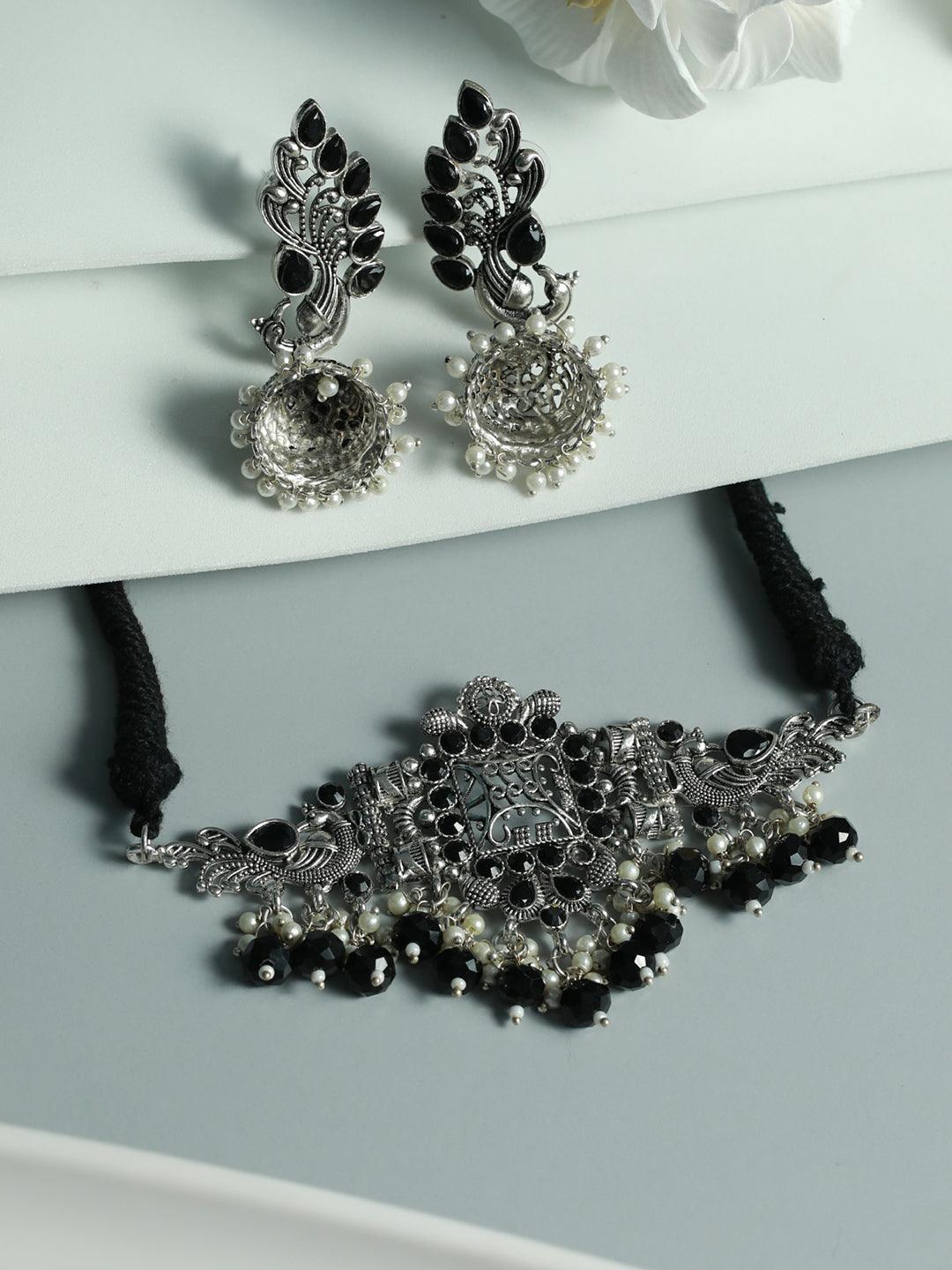 Women's Oxidised Silver Studded Peacock Pearl Jewellery Set - Priyaasi - Indiakreations