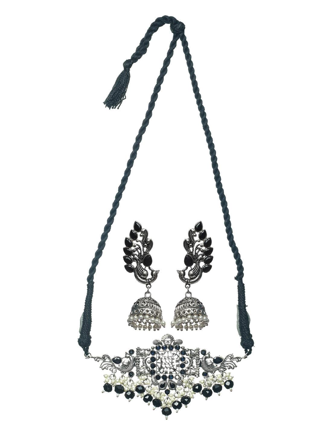 Women's Oxidised Silver Studded Peacock Pearl Jewellery Set - Priyaasi - Indiakreations