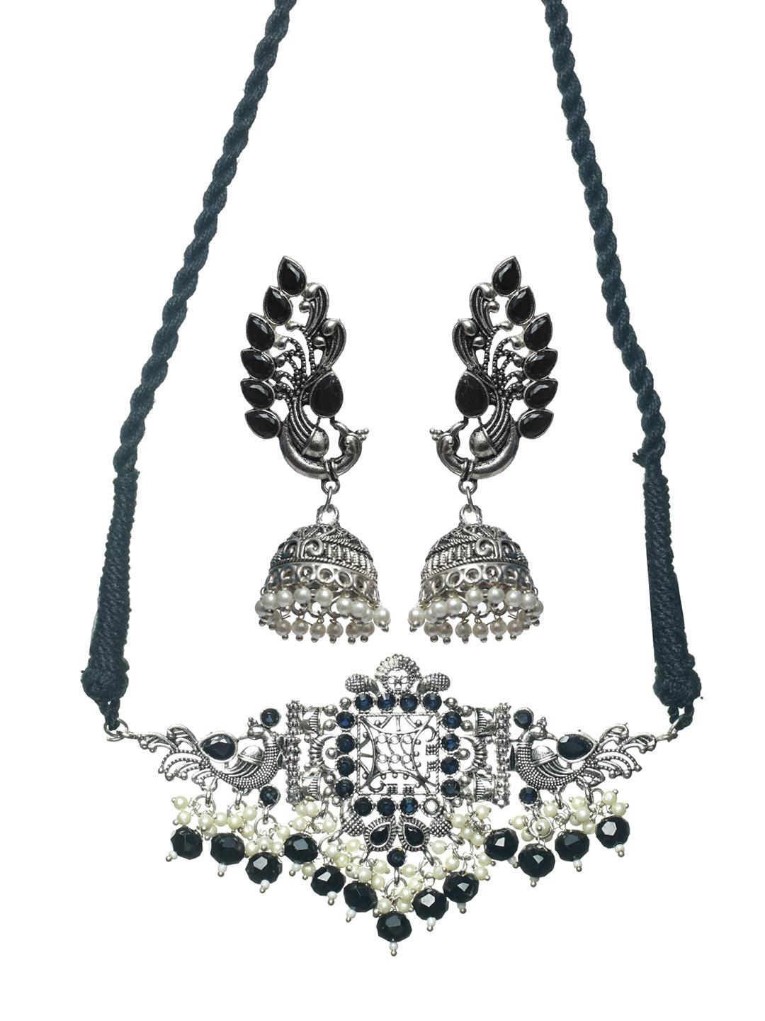 Women's Oxidised Silver Studded Peacock Pearl Jewellery Set - Priyaasi - Indiakreations