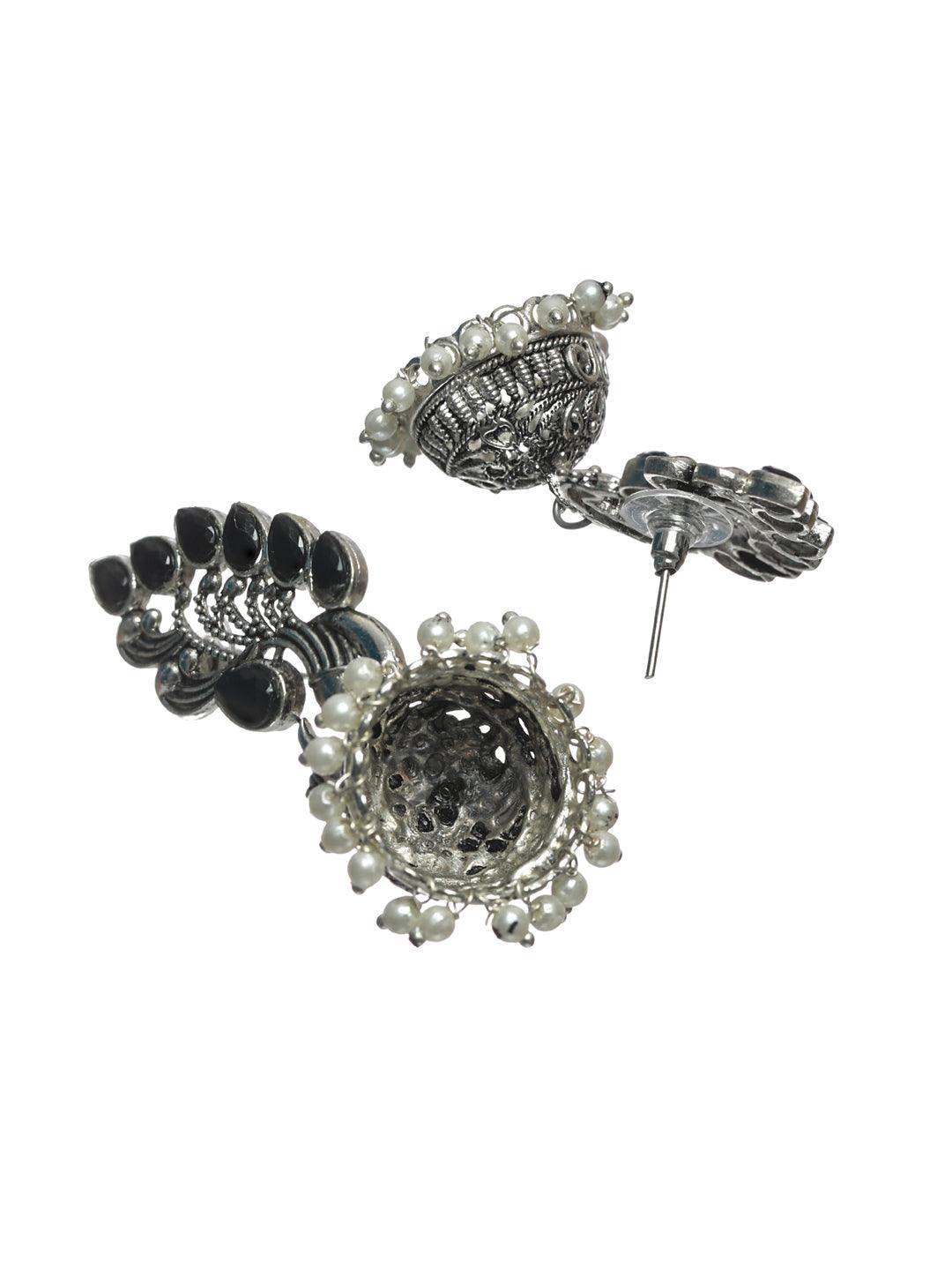 Women's Oxidised Silver Studded Peacock Pearl Jewellery Set - Priyaasi - Indiakreations