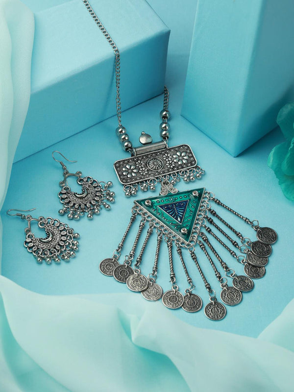 Women's Oxidised Silver Geometric Coin Tassel Jewellery Set - Priyaasi - Indiakreations