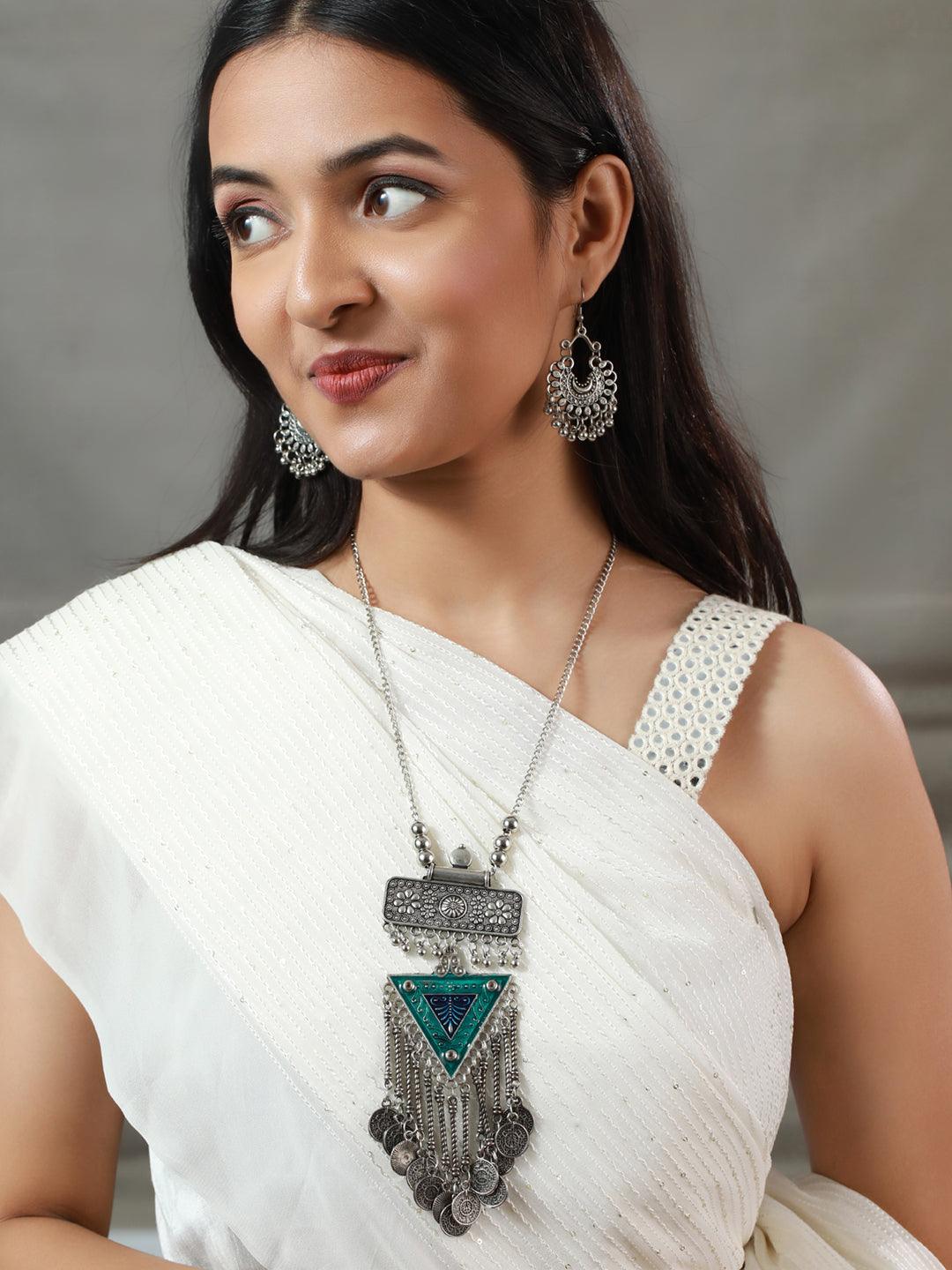 Women's Oxidised Silver Geometric Coin Tassel Jewellery Set - Priyaasi - Indiakreations