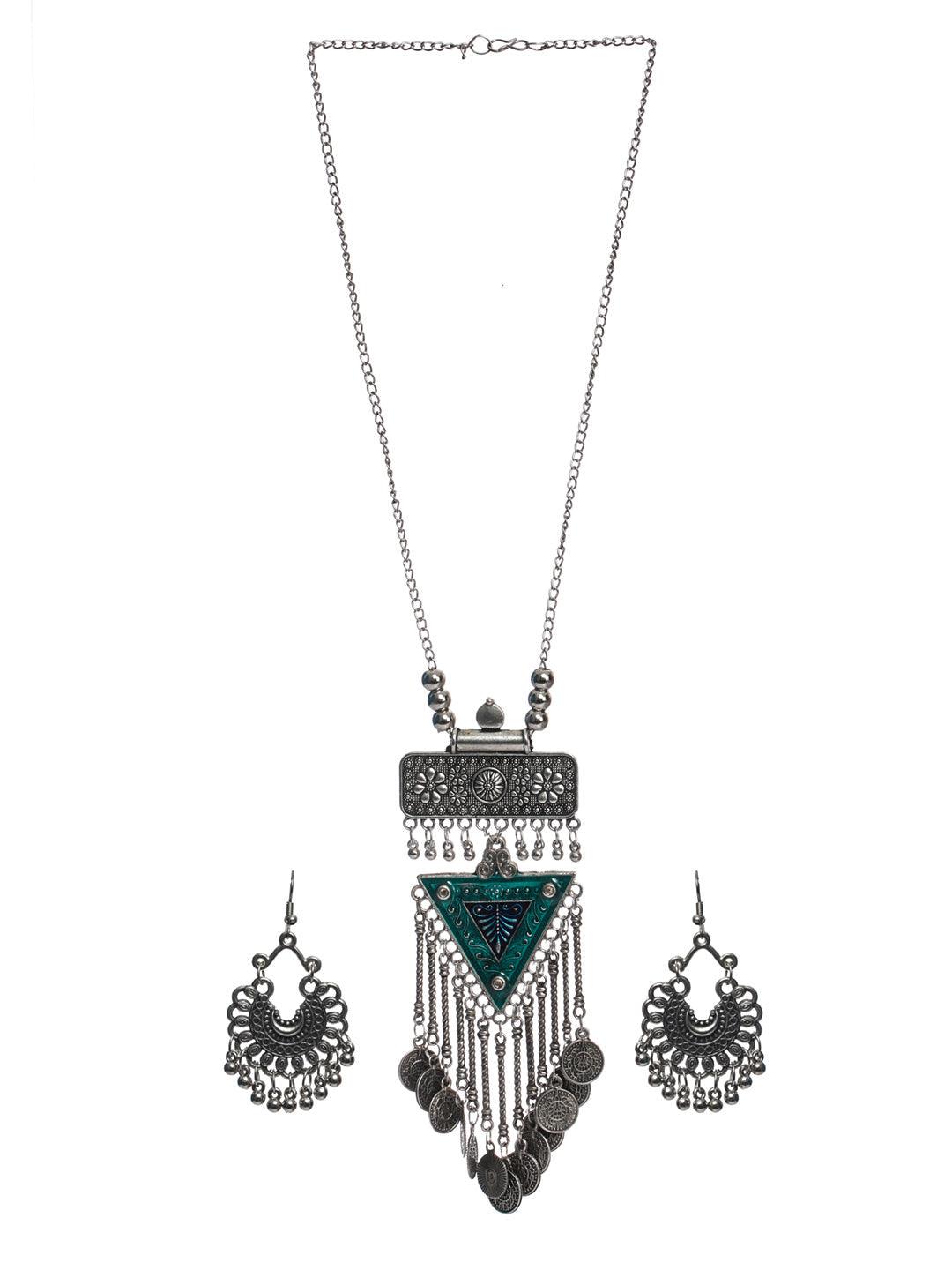 Women's Oxidised Silver Geometric Coin Tassel Jewellery Set - Priyaasi - Indiakreations