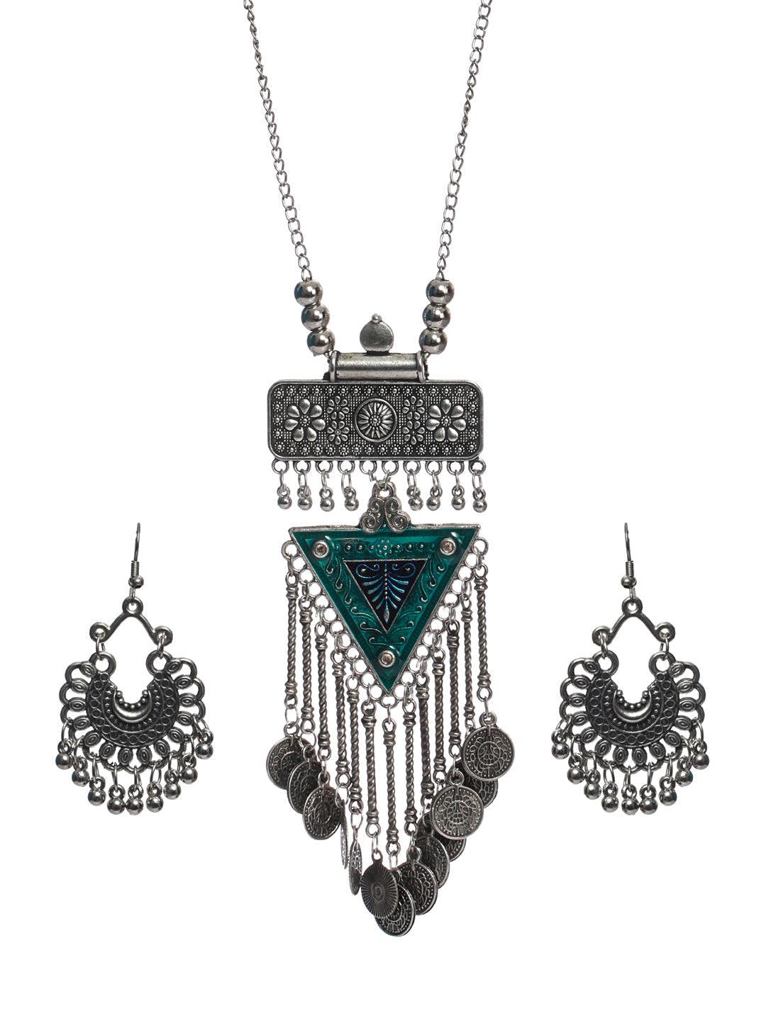 Women's Oxidised Silver Geometric Coin Tassel Jewellery Set - Priyaasi - Indiakreations