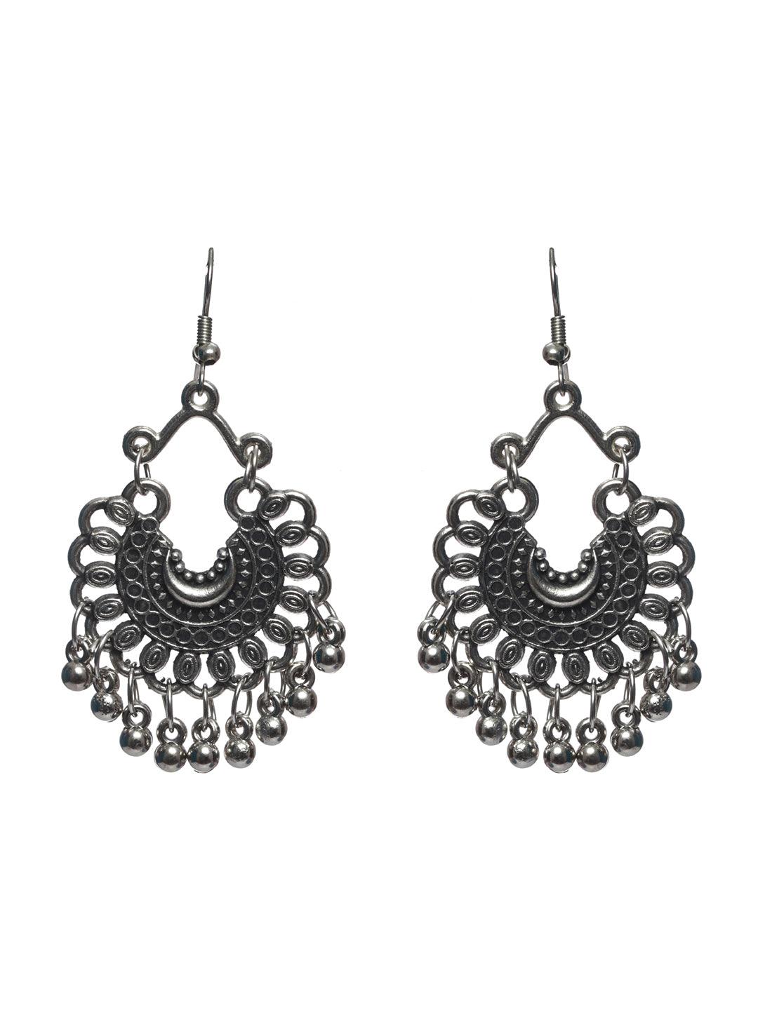 Women's Oxidised Silver Geometric Coin Tassel Jewellery Set - Priyaasi - Indiakreations