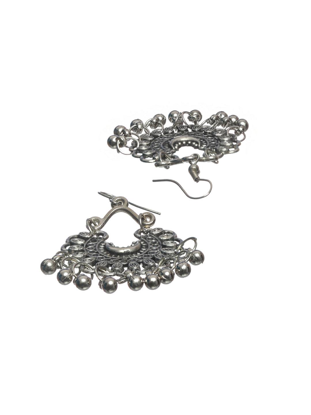 Women's Oxidised Silver Geometric Coin Tassel Jewellery Set - Priyaasi - Indiakreations