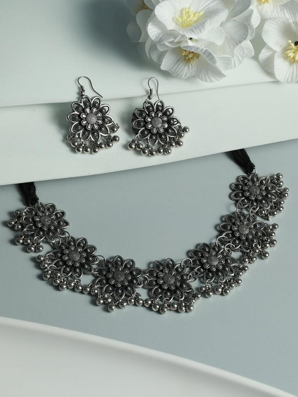 Women's Floral Oxidised Silver Jewellery Set - Priyaasi - Indiakreations