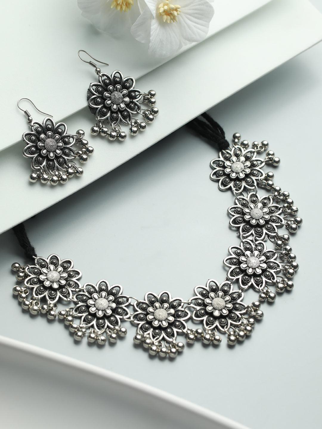 Women's Floral Oxidised Silver Jewellery Set - Priyaasi - Indiakreations