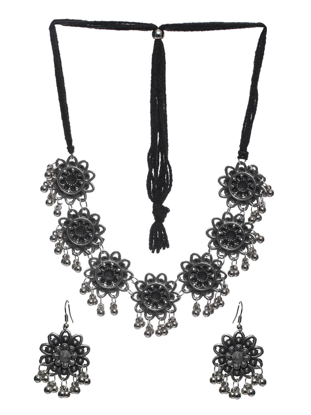 Women's Floral Oxidised Silver Jewellery Set - Priyaasi - Indiakreations