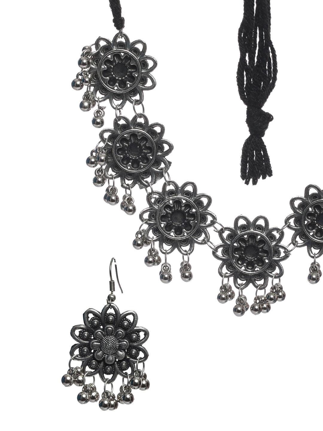 Women's Floral Oxidised Silver Jewellery Set - Priyaasi - Indiakreations