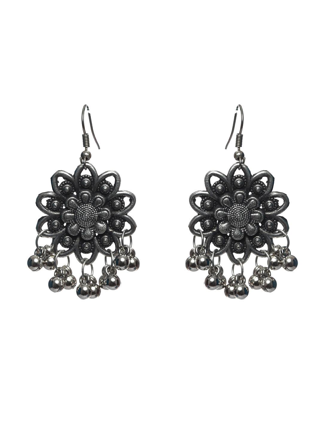 Women's Floral Oxidised Silver Jewellery Set - Priyaasi - Indiakreations