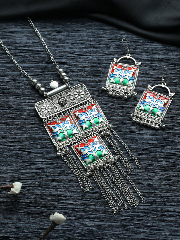 Women's Oxidised Silver Multicolor Square Tassele Jewellery Set - Priyaasi