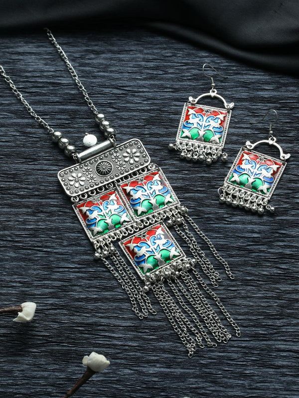 Women's Oxidised Silver Multicolor Square Tassele Jewellery Set - Priyaasi - Indiakreations