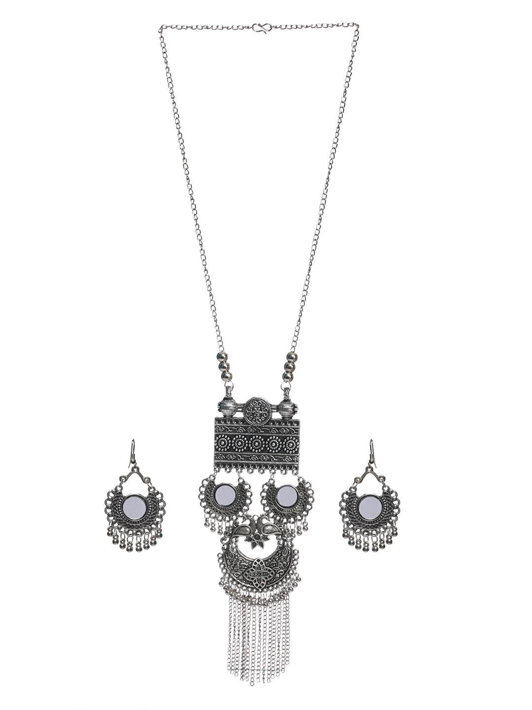 Women's Oxidised Silver Floral Mirror Tasseled Jewellery Set - Priyaasi - Indiakreations