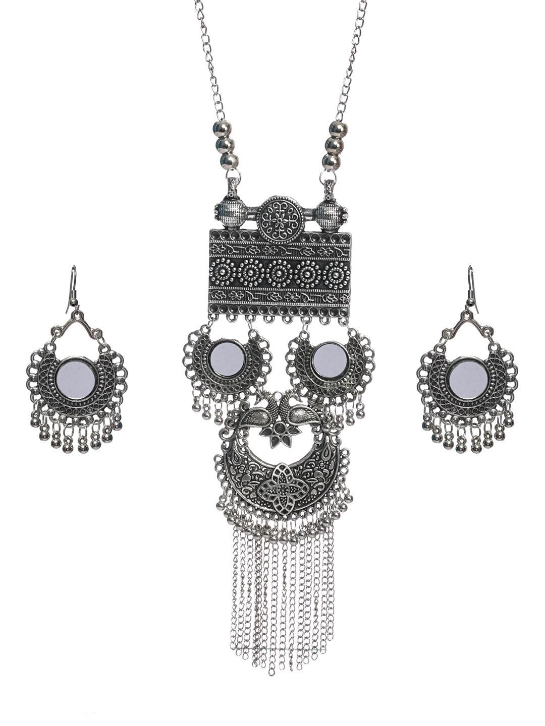 Women's Oxidised Silver Floral Mirror Tasseled Jewellery Set - Priyaasi - Indiakreations