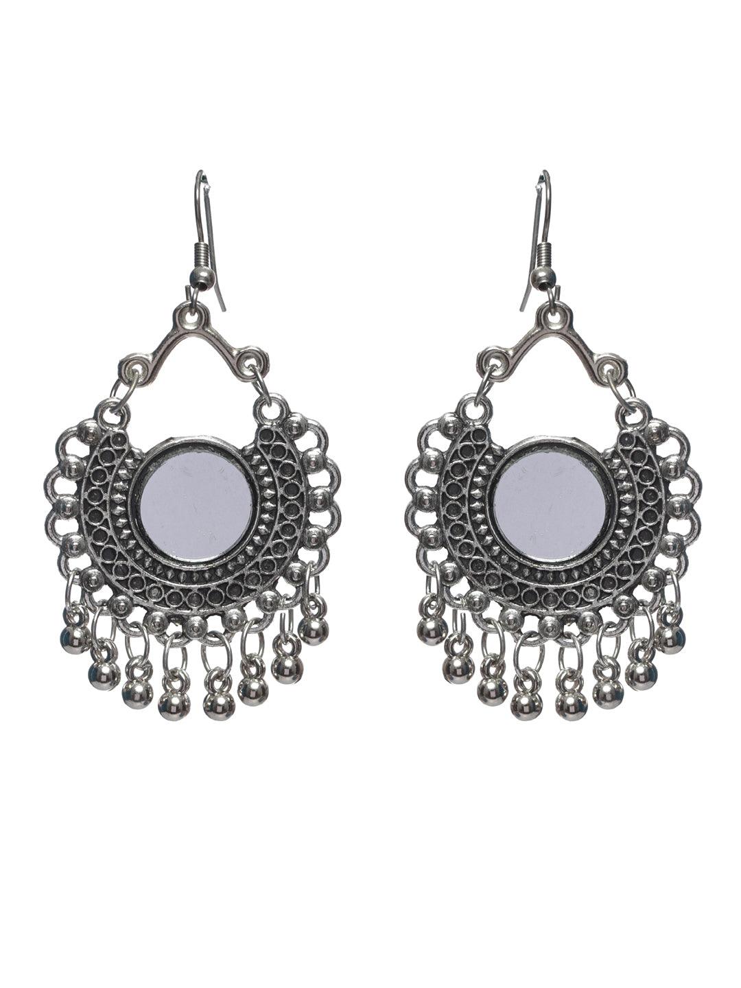 Women's Oxidised Silver Floral Mirror Tasseled Jewellery Set - Priyaasi - Indiakreations