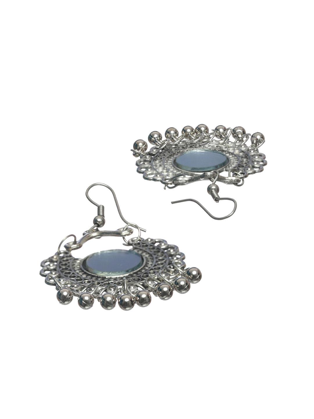 Women's Oxidised Silver Floral Mirror Tasseled Jewellery Set - Priyaasi - Indiakreations