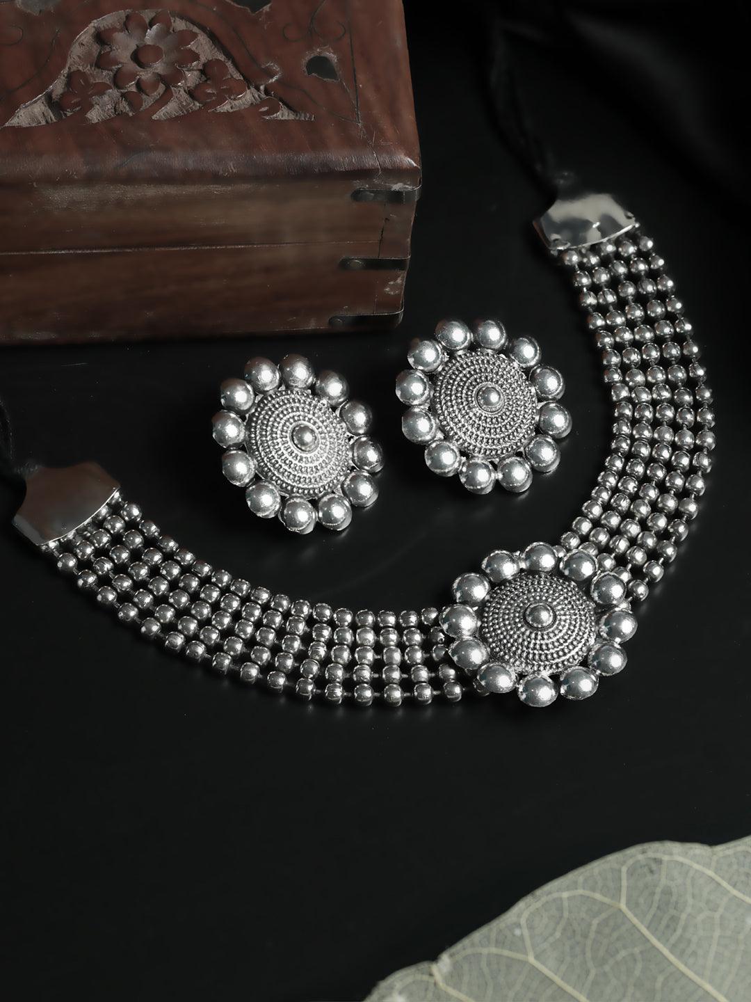 Women's Oxidised Silver Floral Multilayer Chain Jewellery Set - Priyaasi - Indiakreations