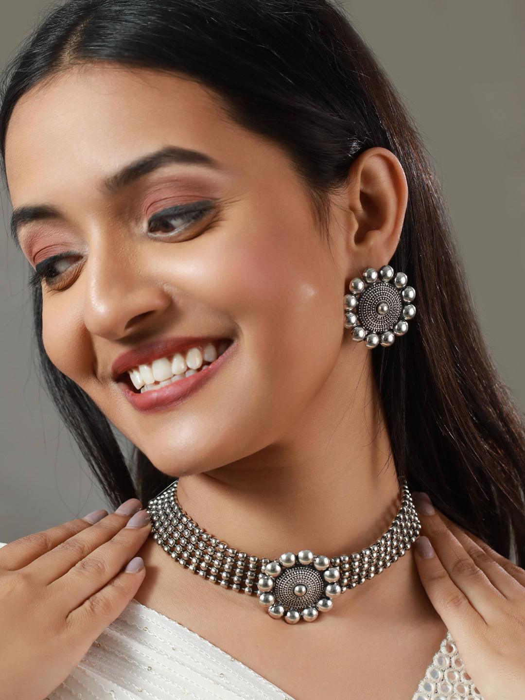 Women's Oxidised Silver Floral Multilayer Chain Jewellery Set - Priyaasi - Indiakreations