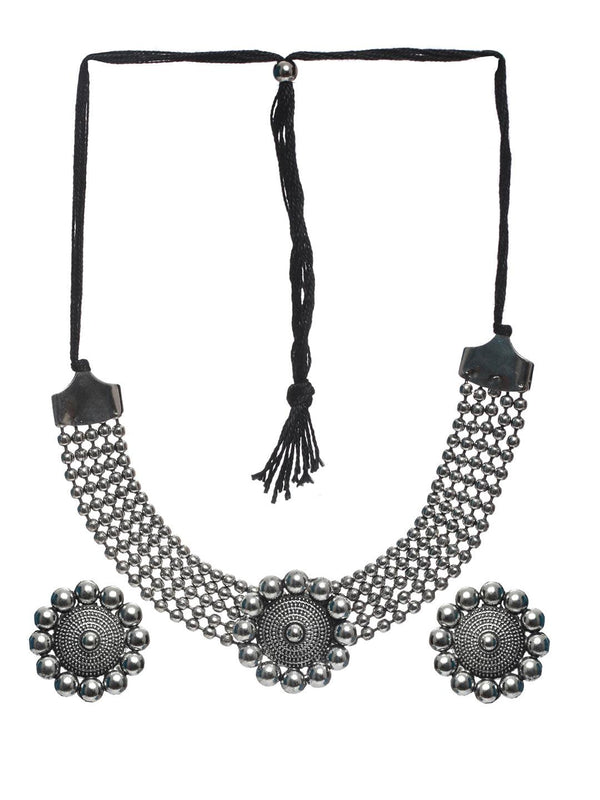 Women's Oxidised Silver Floral Multilayer Chain Jewellery Set - Priyaasi - Indiakreations