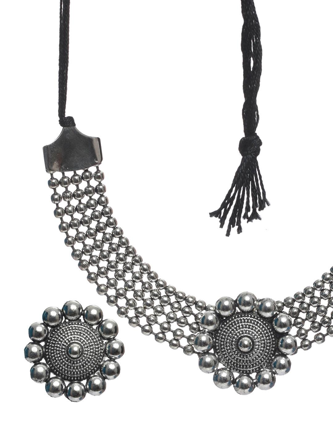 Women's Oxidised Silver Floral Multilayer Chain Jewellery Set - Priyaasi - Indiakreations