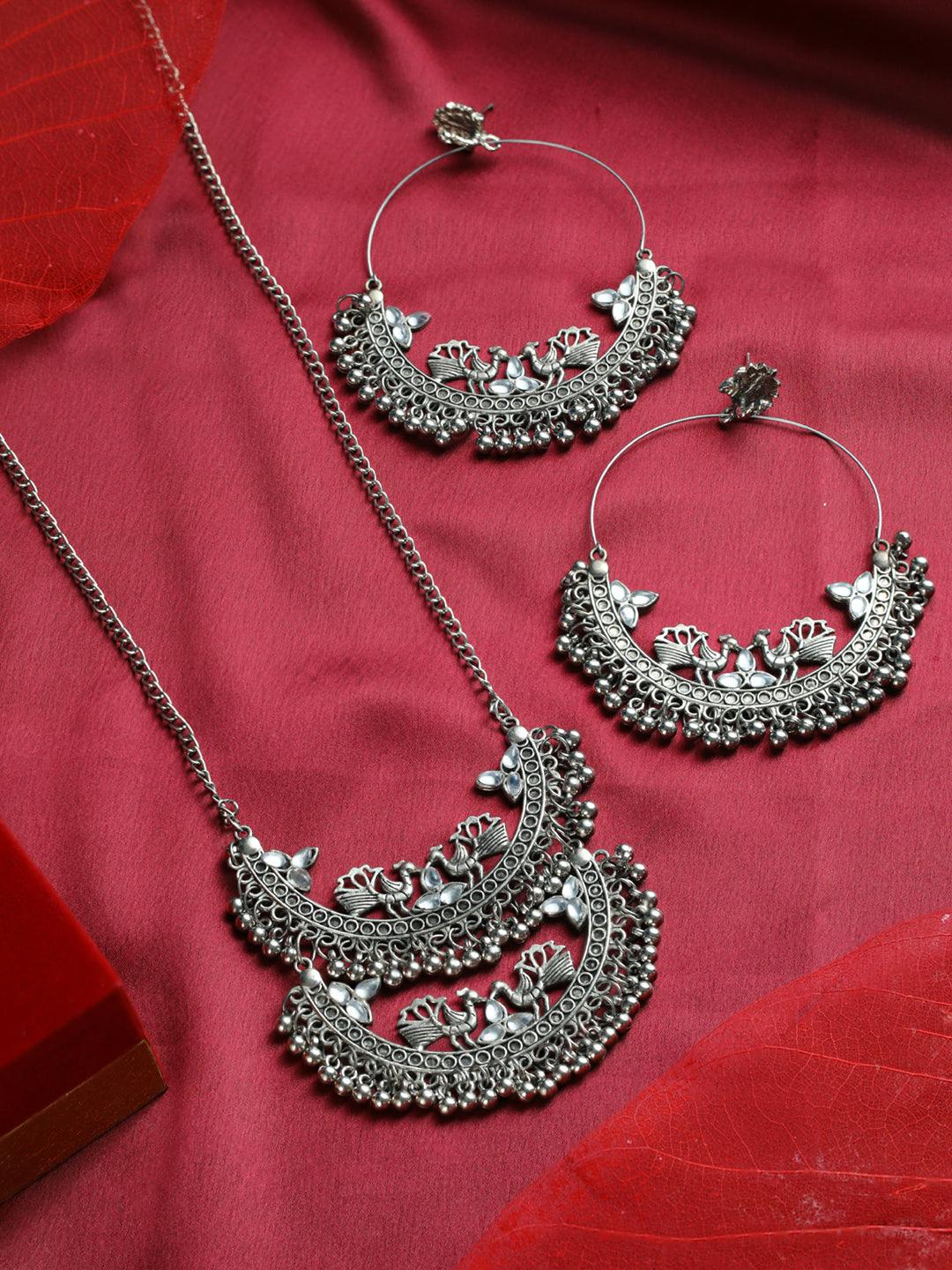 Women's Oxidised Silver Studded Round Peacock Jewellery Set - Priyaasi - Indiakreations