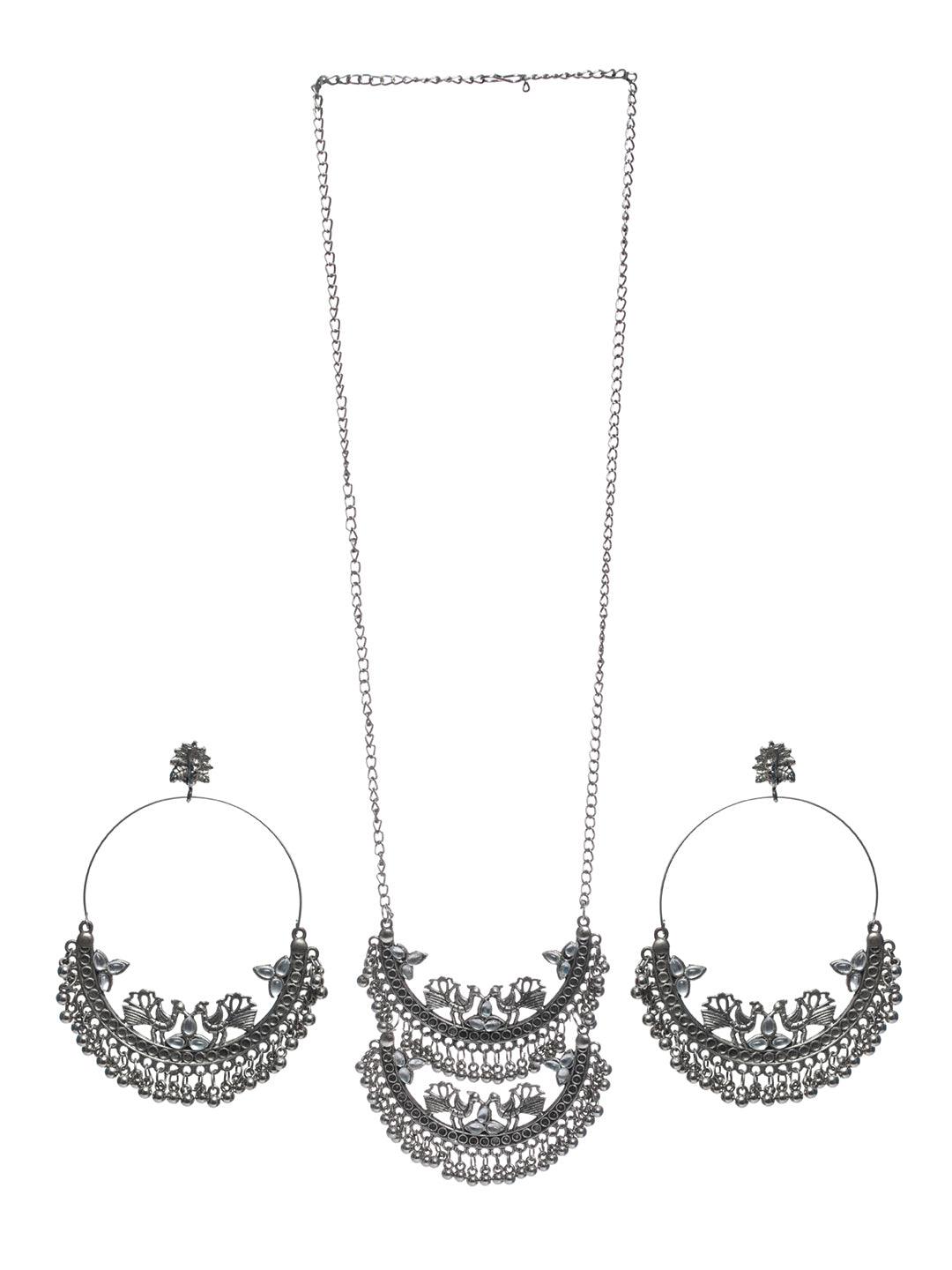 Women's Oxidised Silver Studded Round Peacock Jewellery Set - Priyaasi - Indiakreations