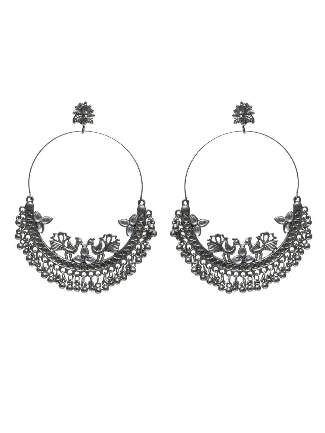 Women's Oxidised Silver Studded Round Peacock Jewellery Set - Priyaasi - Indiakreations