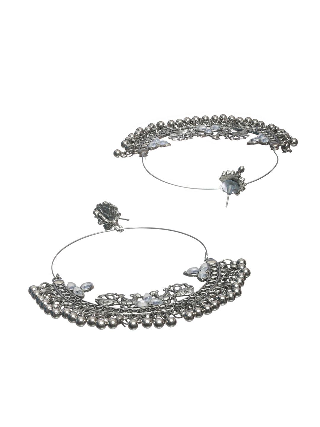 Women's Oxidised Silver Studded Round Peacock Jewellery Set - Priyaasi - Indiakreations