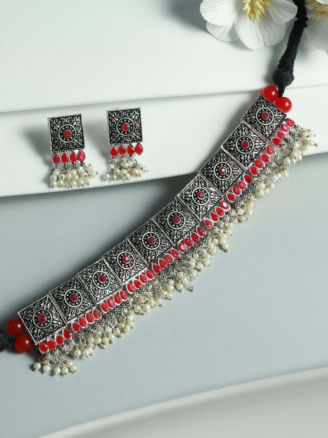 Women's Oxidised Silver Red Floral Block Choker Jewellery Set - Priyaasi - Indiakreations