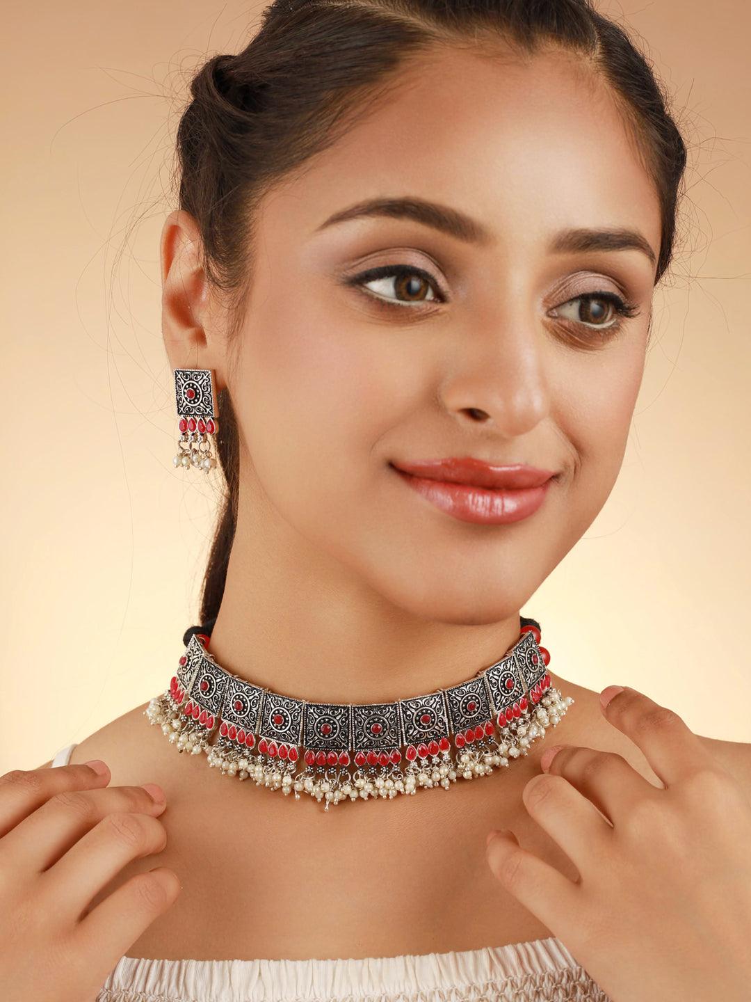 Women's Oxidised Silver Red Floral Block Choker Jewellery Set - Priyaasi - Indiakreations