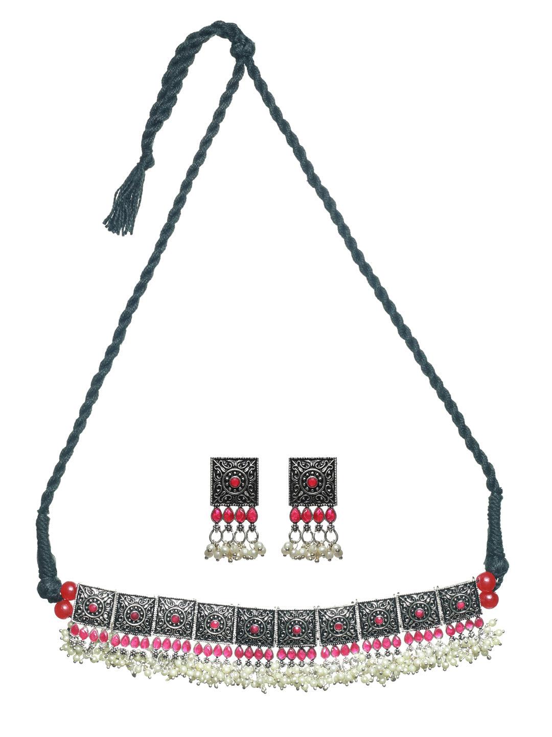 Women's Oxidised Silver Red Floral Block Choker Jewellery Set - Priyaasi - Indiakreations