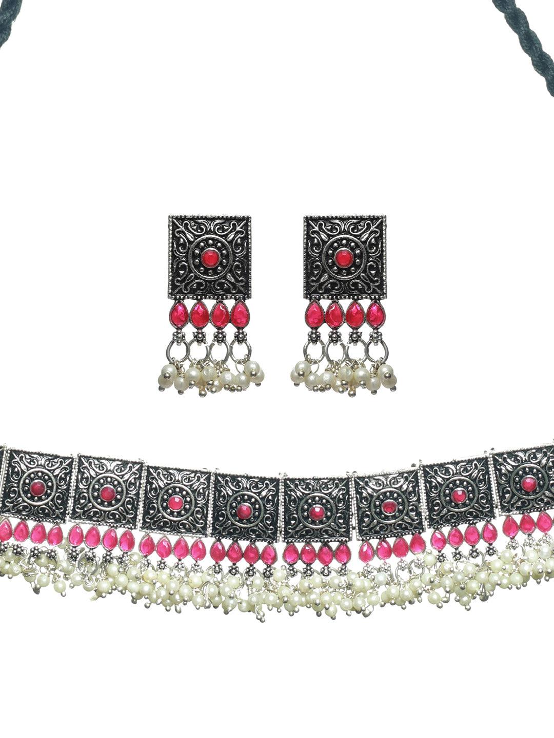 Women's Oxidised Silver Red Floral Block Choker Jewellery Set - Priyaasi - Indiakreations