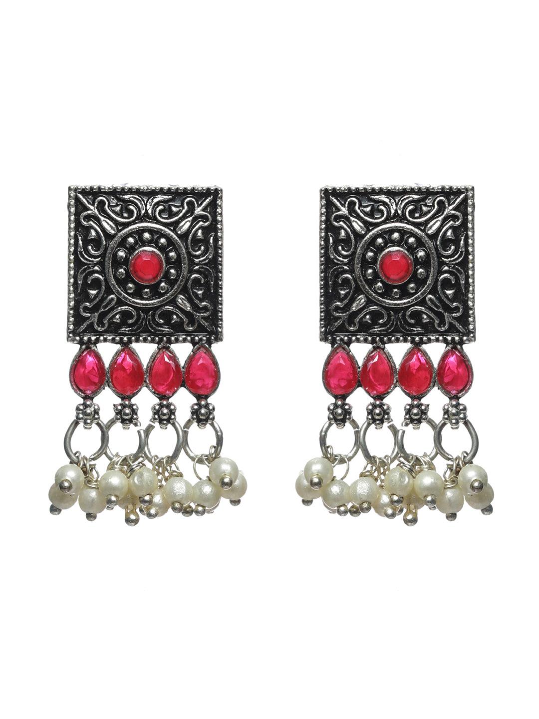 Women's Oxidised Silver Red Floral Block Choker Jewellery Set - Priyaasi - Indiakreations