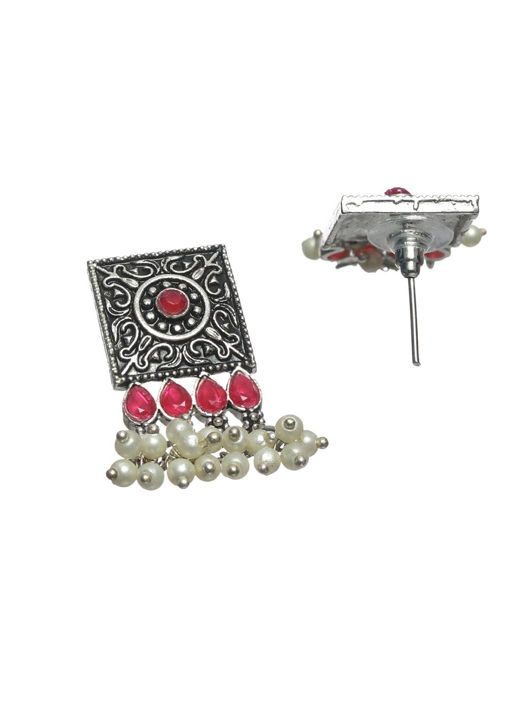 Women's Oxidised Silver Red Floral Block Choker Jewellery Set - Priyaasi - Indiakreations