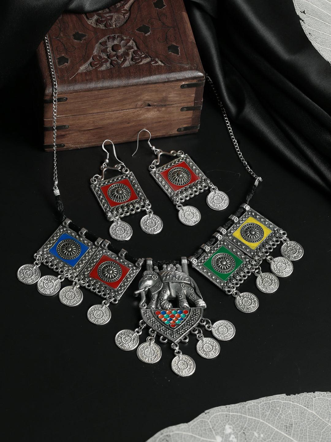 Women's Oxidised Silver Multicolor Floral Elephant Pattern Jewellery Set - Priyaasi - Indiakreations