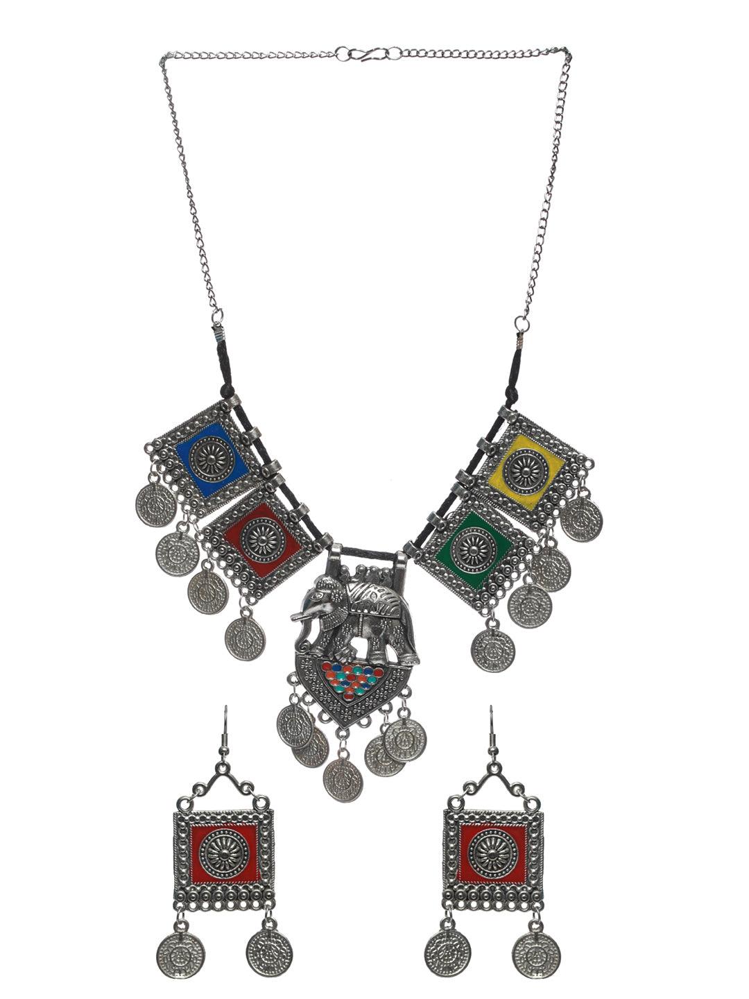 Women's Oxidised Silver Multicolor Floral Elephant Pattern Jewellery Set - Priyaasi - Indiakreations