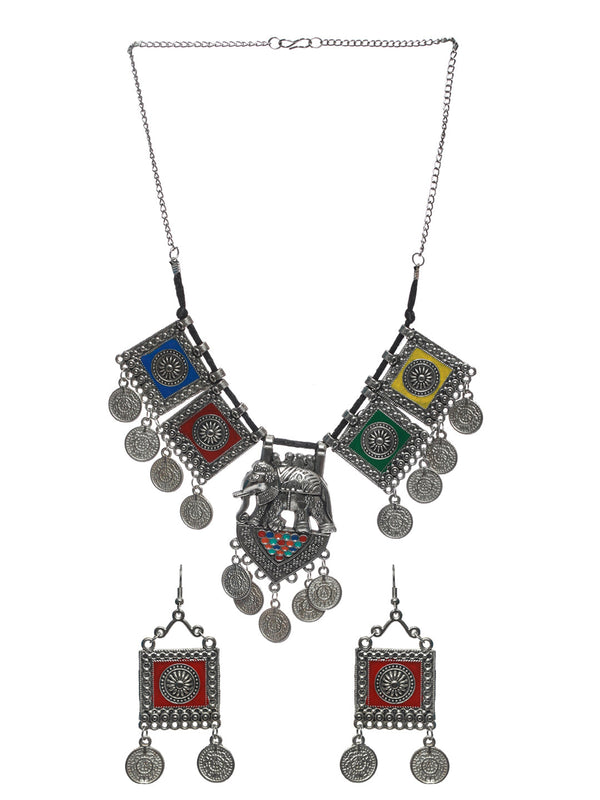 Women's Oxidised Silver Multicolor Floral Elephant Pattern Jewellery Set - Priyaasi