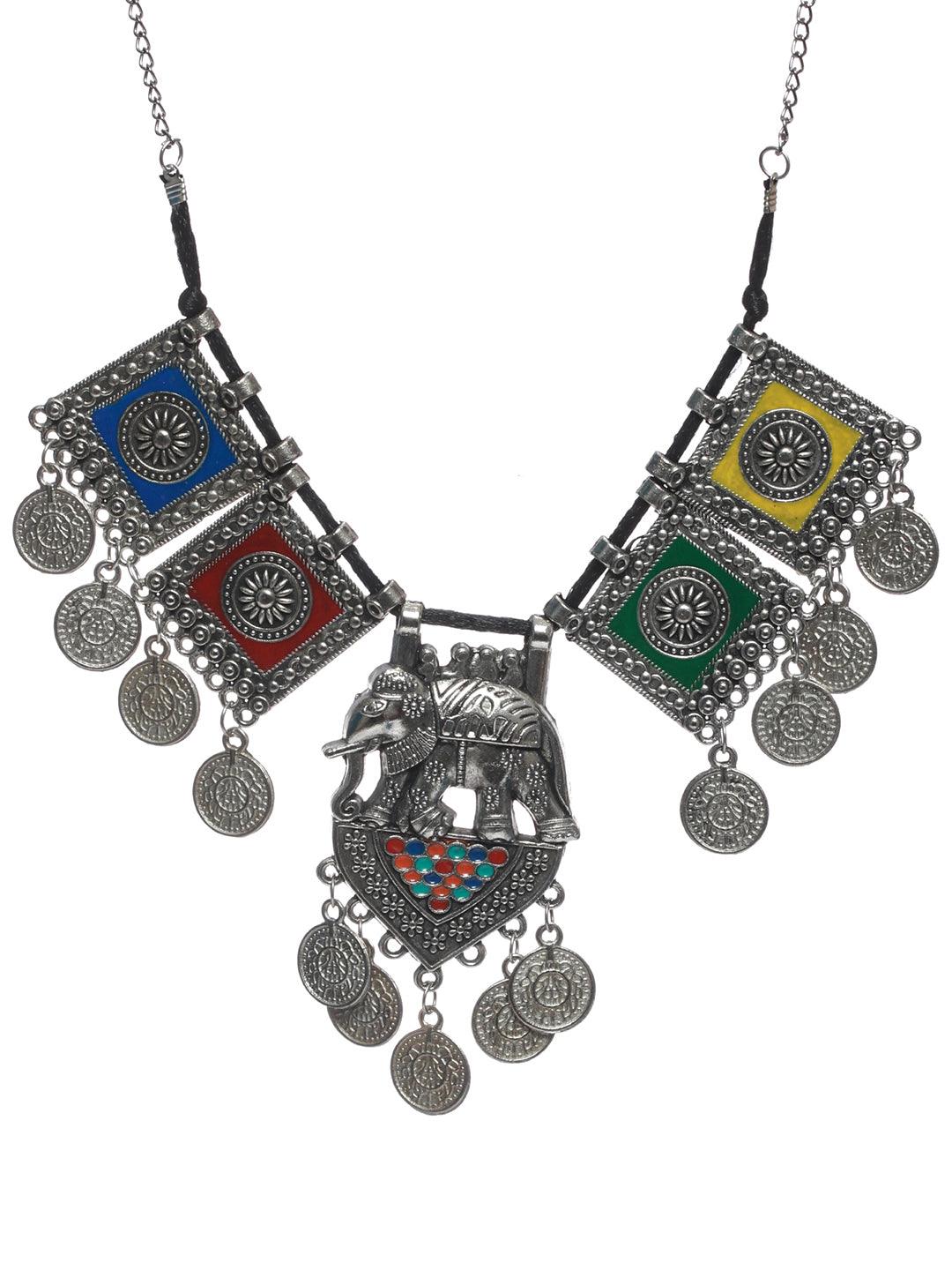 Women's Oxidised Silver Multicolor Floral Elephant Pattern Jewellery Set - Priyaasi - Indiakreations