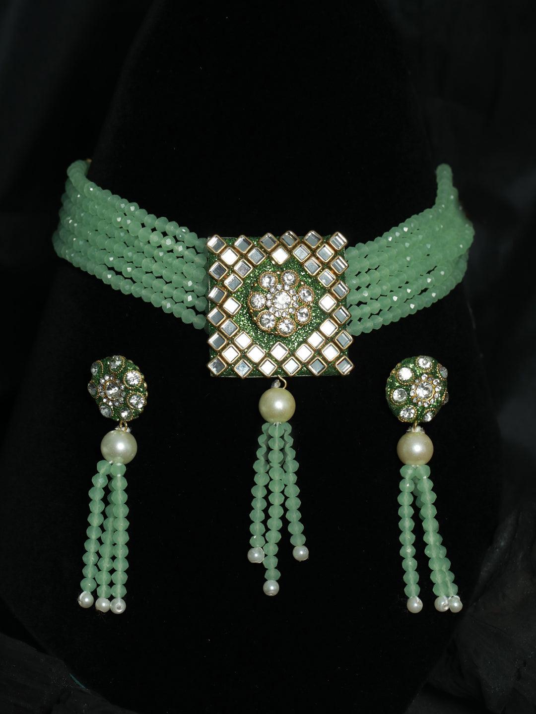 Women's Green Studded Floral Mirror Block Choker Jewellery Set - Priyaasi - Indiakreations