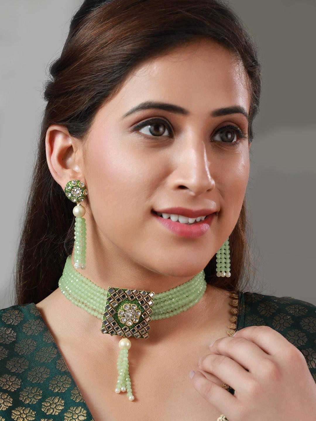 Women's Green Studded Floral Mirror Block Choker Jewellery Set - Priyaasi - Indiakreations