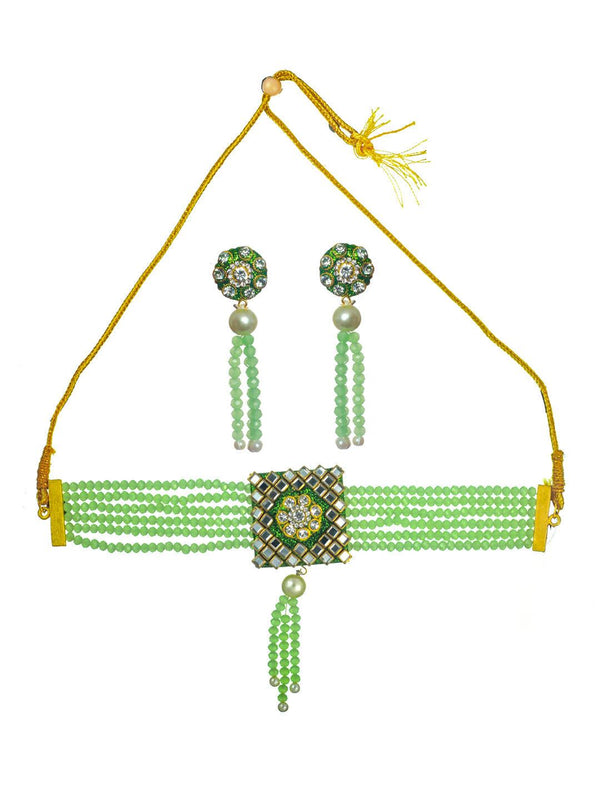 Women's Green Studded Floral Mirror Block Choker Jewellery Set - Priyaasi - Indiakreations