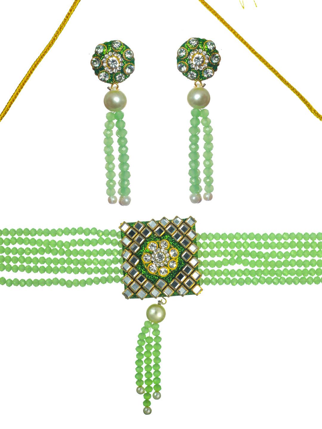 Women's Green Studded Floral Mirror Block Choker Jewellery Set - Priyaasi - Indiakreations