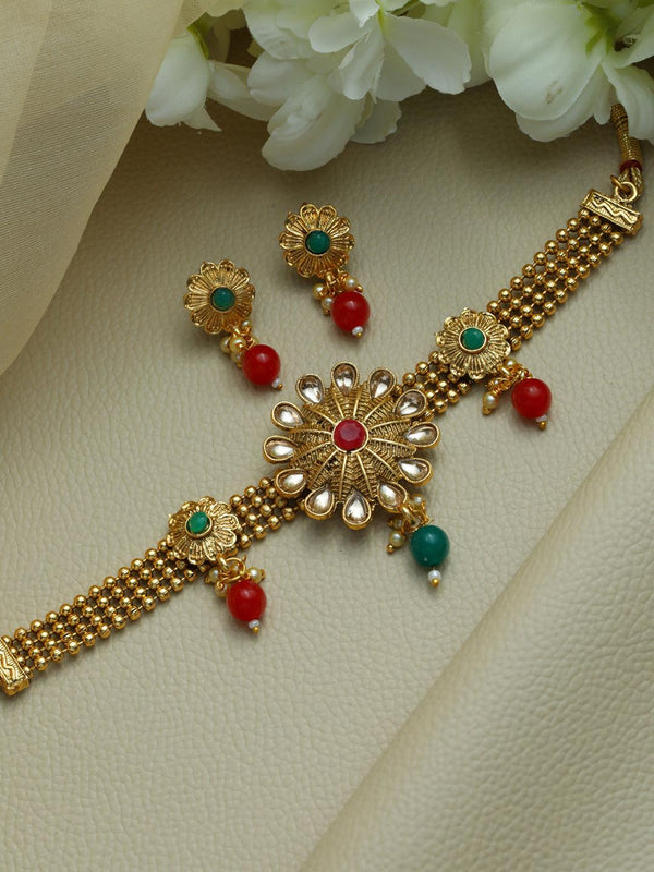 Women's Multicolor Floral Studded Gold Plated Choker Jewellery Set - Priyaasi - Indiakreations