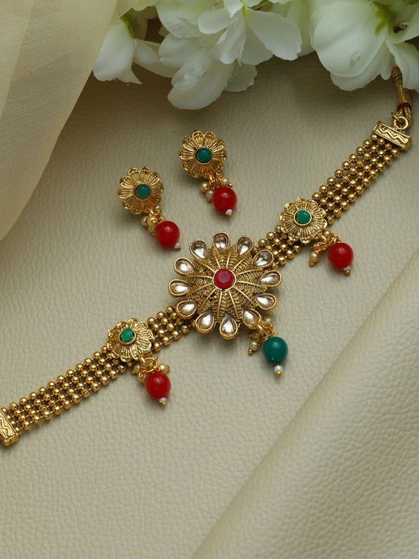 Women's Multicolor Floral Studded Gold Plated Choker Jewellery Set - Priyaasi