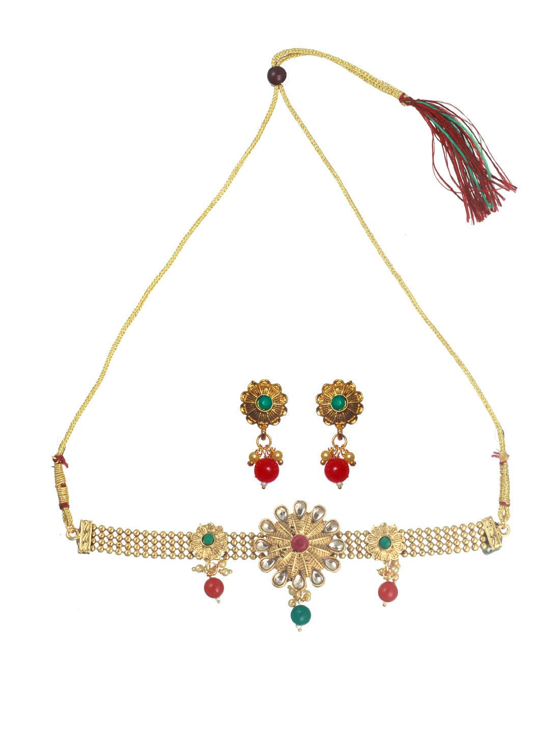 Women's Multicolor Floral Studded Gold Plated Choker Jewellery Set - Priyaasi - Indiakreations