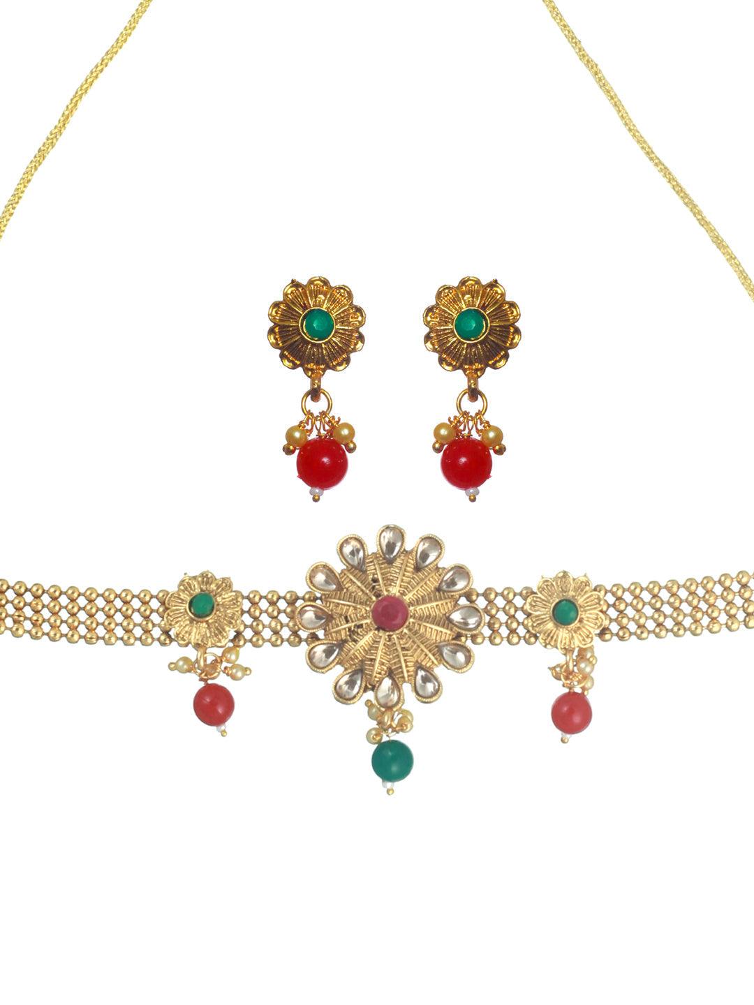 Women's Multicolor Floral Studded Gold Plated Choker Jewellery Set - Priyaasi - Indiakreations