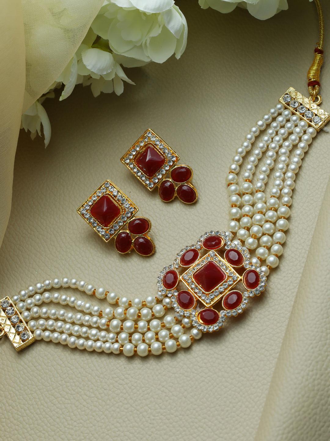 Women's Mahroon Studded Block Pearl Choker Jewellery Set - Priyaasi - Indiakreations